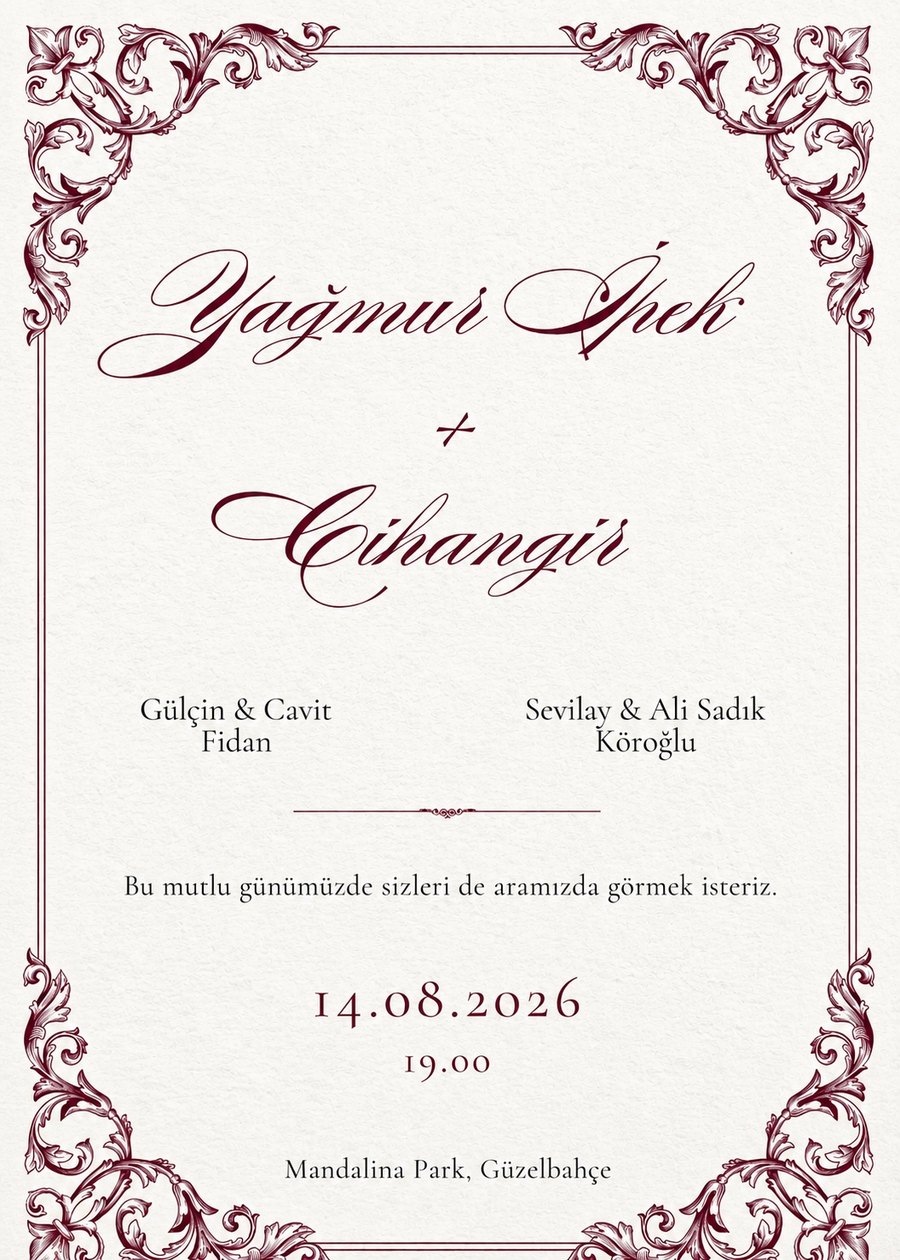 Yağmur ve Cihangir düğün davetiyesi — 14 Ağustos 2026, Mandalina Park, Güzelbahçe İzmir